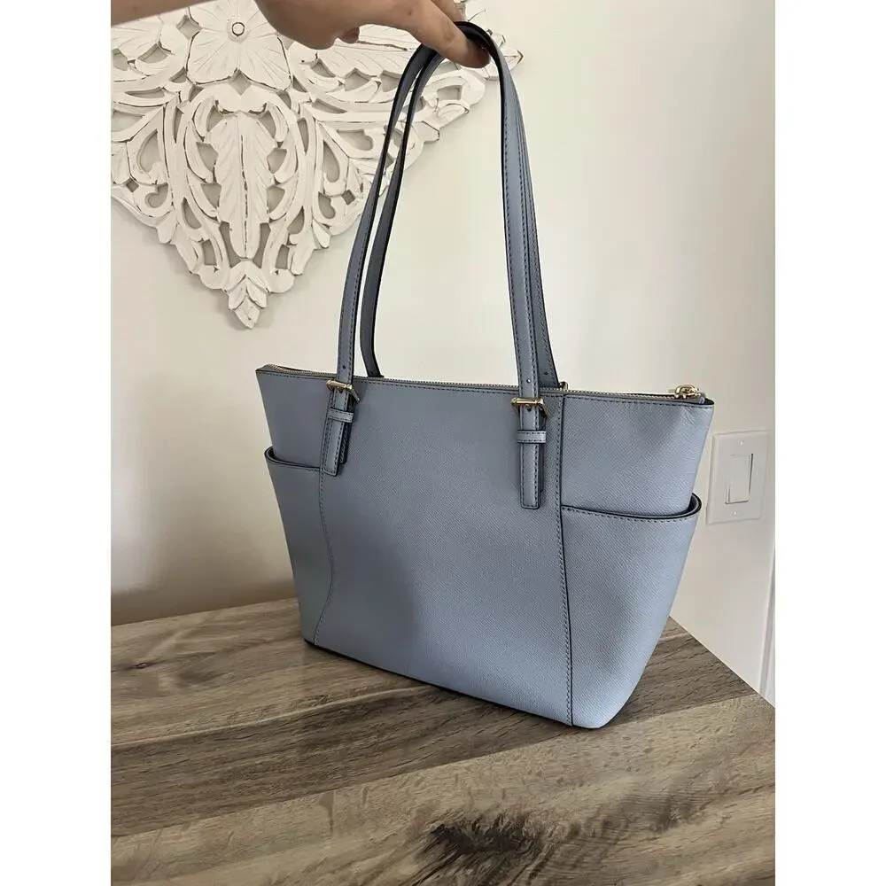 Michael Michael Kors East West Jet Set Tote Pale Ice Blue Leather NWT
